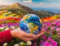 A nurturing hand holding a perfect globe of the Earth surrounded by vibrant flowering plants