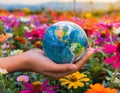 A nurturing hand holding a perfect globe of the Earth surrounded by vibrant flowering plants