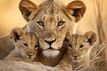 Nurturing Lioness her cubs sunset. Generate Ai Royalty Free Stock Photo