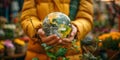 Nurturing Our Planet Hands Holding Earth on Earth Day. Hands cradling a detailed globe with care, against a backdrop of plants, Royalty Free Stock Photo