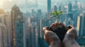 Nurturing plant in hands, city powered by clean energy in background, symbolizing zero carbon future. Zero carbon Royalty Free Stock Photo