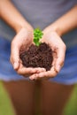 Nurturing young life. a young womans hands holding a seedling.