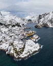 Nusfjord Fishing Village, Rorbu, Fjord and Mountains in Winter. Lofoten Islands, Norway. Aerial View