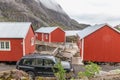 Nusfjord, Norway - June 20, 2017: Traditional red wooden houses, rorbuer in the small fishing village of Nusfjord, Lofoten islands