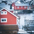 Nusfjord, red rorbuer and stockfish Royalty Free Stock Photo