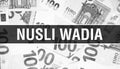 Nusli Wadia text Concept. American Dollars Cash Money,3D rendering. Billionaire Nusli Wadia at Dollar Banknote. Top world