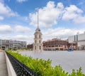 Nusretiye Clock Tower, or Tophane Clock Tower, with Galata Port in background, Beyoglu district of Istanbul, Turkey