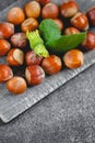 Nut abundance. Hazelnuts on a wooden board on a gray slate background. Fresh harvest of hazelnuts. Farmed organic ripe