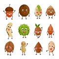 Nut characters. Beans with smiling faces and hands. Peanut and cashew seeds emotions. Nutrition food. Coconut and acorn