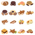 Nut cookie icons set, isometric style