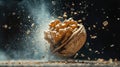 Nut cracking explosion captures the moment of walnut shell breaking apart with debris flying around in a dramatic display Royalty Free Stock Photo