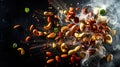 A nut explosion on a black background. Assorted nuts in white smoke. A handful of various nuts are flying through the air - Royalty Free Stock Photo