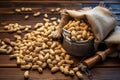 Nut filled scene Wooden backdrop adorned with sacks of dried peanuts