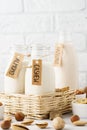 Nut milk in bottles - almond, cashew, hazelnut and ingredients