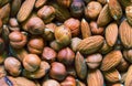 Nut mix background. Cashew, almond, hazelnut mix closeup. Organic food rustic banner template.