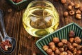 nut oil, glass with nut oil Royalty Free Stock Photo
