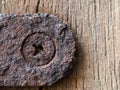 Nut and rusted iron stuck on wood Royalty Free Stock Photo