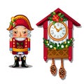 The Nutcracker and the antique cuckoo clock isolated on a white background. Vector illustration. Royalty Free Stock Photo