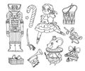 Nutcracker, ballet dancer, Mouse King and Christmas elements coloring page black outline