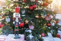 Nutcracker at Christmas Market  in Winter Moscow, Russia. Advent Decoration and fir tree with Crafts gifts on the Bazaar. Street Royalty Free Stock Photo