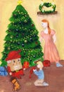 Nutcracker and kids around the Christmas tree. Illustration of the tale of E. T. A. Hoffmann `The Nutcracker and the Mouse King.` Royalty Free Stock Photo