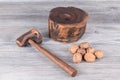 Nutcracker and nuts on anthracite gray wood