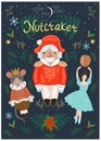 Nutcracker poster with a nutcracker, ballerina, mouse, and decorative elements. Vector graphics