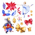 Nutcracker. Retro toys set. Watercolor kids game items: magic wand. Isolated objects for banner, headers, website