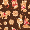 Christmas gingerbread seamless pattern with with Nutcracker characters. Vector illustration Royalty Free Stock Photo