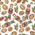 Nutcracker Soldier and Assorted Nuts Seamless Pattern Watercolor Illustration Royalty Free Stock Photo