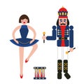 Nutcracker soldier and girl ballerina. Vintage Christmas and New Year toys.