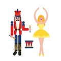 Nutcracker soldier and girl ballerina. Vintage Christmas and New Year toys.