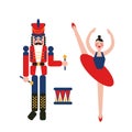 Nutcracker soldier and girl ballerina. Vintage Christmas and New Year toys.