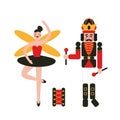 Nutcracker soldier and girl ballerina. Vintage Christmas and New Year toys.