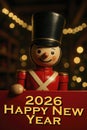 Nutcracker toy solider stands proudly with 2026 happy new year message Royalty Free Stock Photo