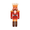 Nutcracker, Vintage Christmas Toy. Festive Xmas Doll Of Cute English Man With Mustache In Crown In Retro Style. Holiday