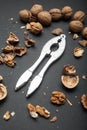 Nutcracker, walnut kernels and whole on a black background, vertically Royalty Free Stock Photo