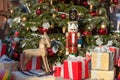 Nutcracker and wood horse at Christmas Market  in Winter Moscow, Russia. Advent Decoration and fir tree with Crafts gifts on the Royalty Free Stock Photo