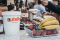 Nutella and fruits at Dutch pancakes stall inside Camden Market, London, UK