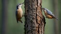 Nuthatch Pair Exploring Oak Tree in Foggy Forest Setting Royalty Free Stock Photo