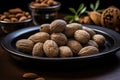 Nutmeg in Black Plate, Myristica Fragrans Fruit, Dry Spicy Nutmeg, Grated Whole Muscat Nut, Nut Meg