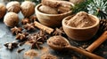 Nutmeg, cinnamon, and other holiday spices for baking, Christmas Royalty Free Stock Photo