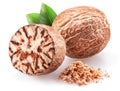 Nutmeg and ground nutmeg heap isolated on white background Royalty Free Stock Photo