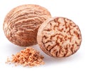 Nutmeg and ground nutmeg heap isolated on white background Royalty Free Stock Photo