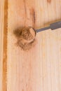 Nutmeg powder in measuring spoon close up with wooden neutral background Royalty Free Stock Photo