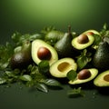 Nutrient rich display Fresh avocados arranged on lush green background