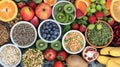 Variety of Superfoods in Colorful Bowls Top View