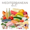 Nutrition concept for Mediterranean diet. Assortment of healthy food ingredients for cooking. Hand drawn illustration