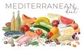 Nutrition concept for Mediterranean diet. Assortment of healthy food ingredients for cooking. Hand drawn illustration.