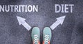 Nutrition and diet as different choices in life - pictured as words Nutrition, diet on a road to symbolize making decision and